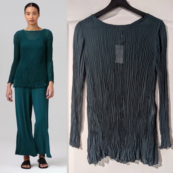 Eileen Fisher | Crinkled Sheer Silk Georgette Bateau Neck Long Top Aegean Green - Picture 1 of 12